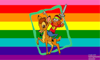 a cartoon character riding a deer on a rainbow flag