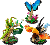 three lego sets with insects and plants on them